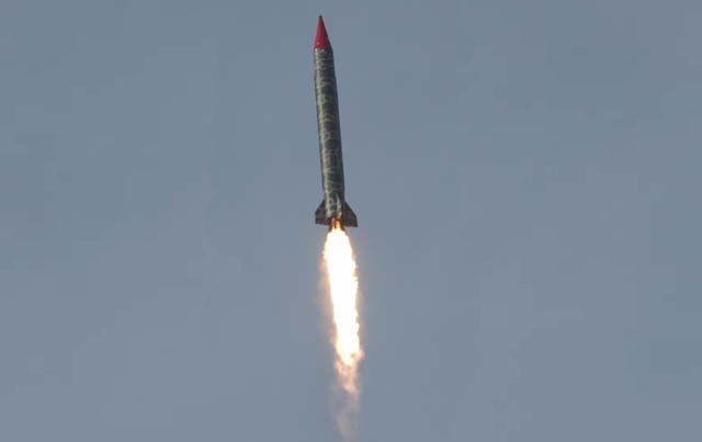 Hatf-5 (Ghauri) ballistic missile having a capability of carrying both conventional and nuclear warheads.
