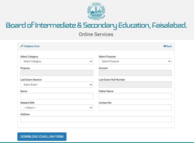 Online Challan Forms bise fsd edu pk faisalabad Board