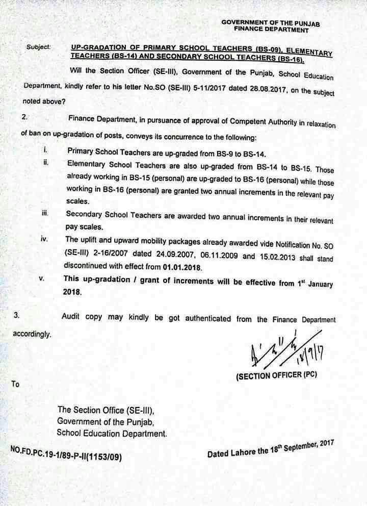 Punjab Teachers Scale upgradation letter