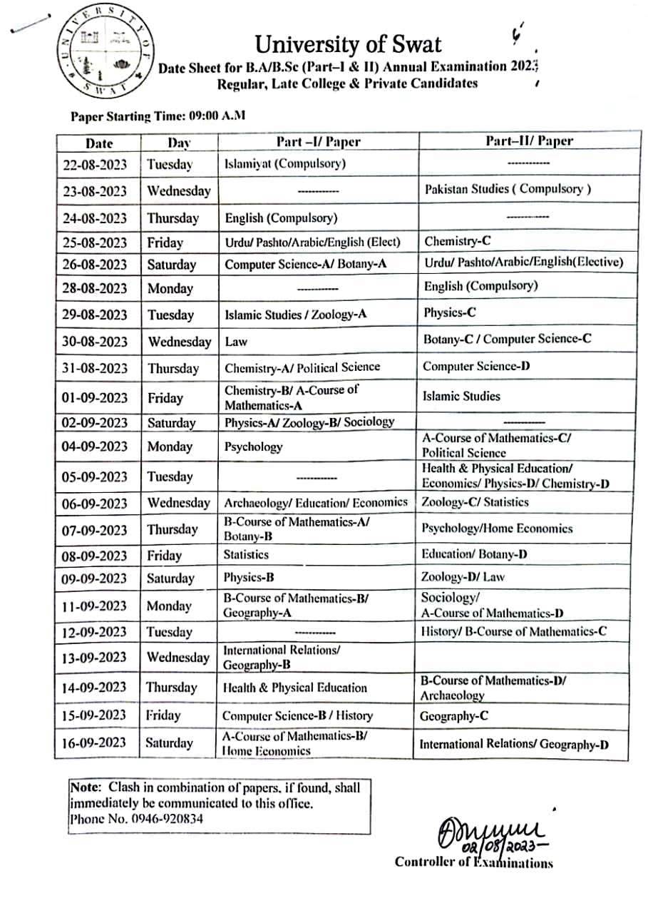 swat university ba bsc date sheet