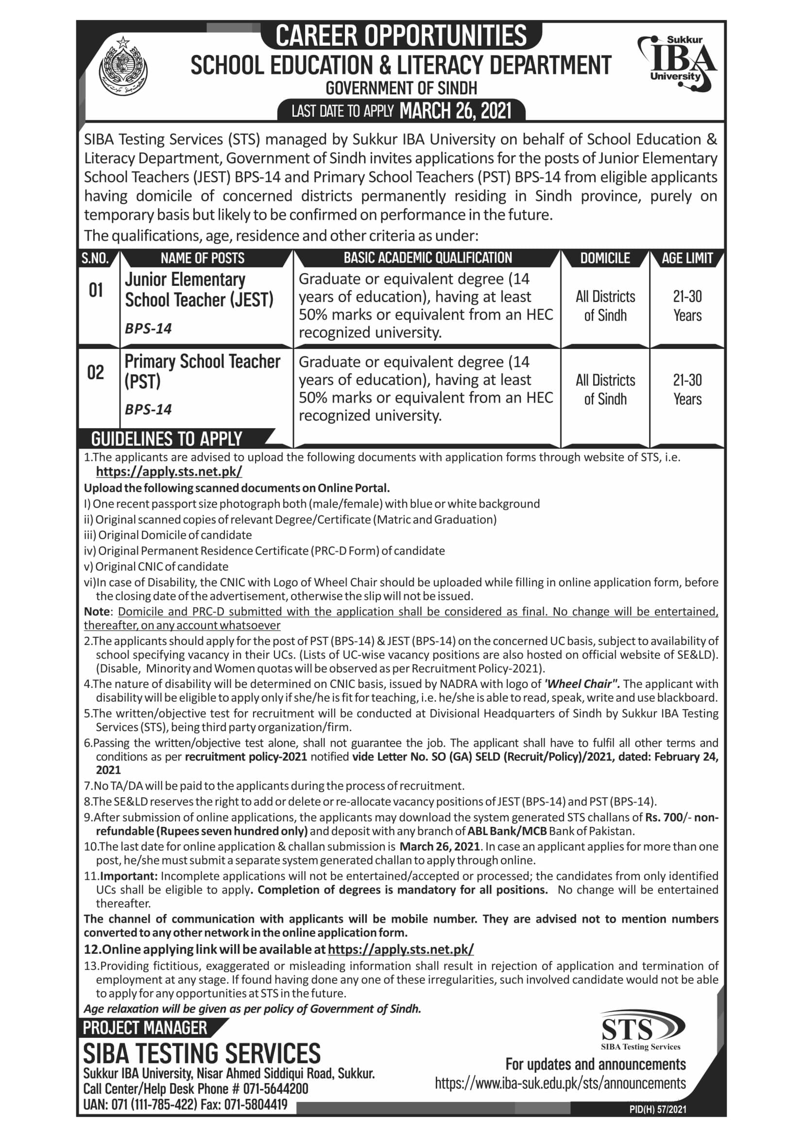 advertisement of jest and pst jobs sindh education department
