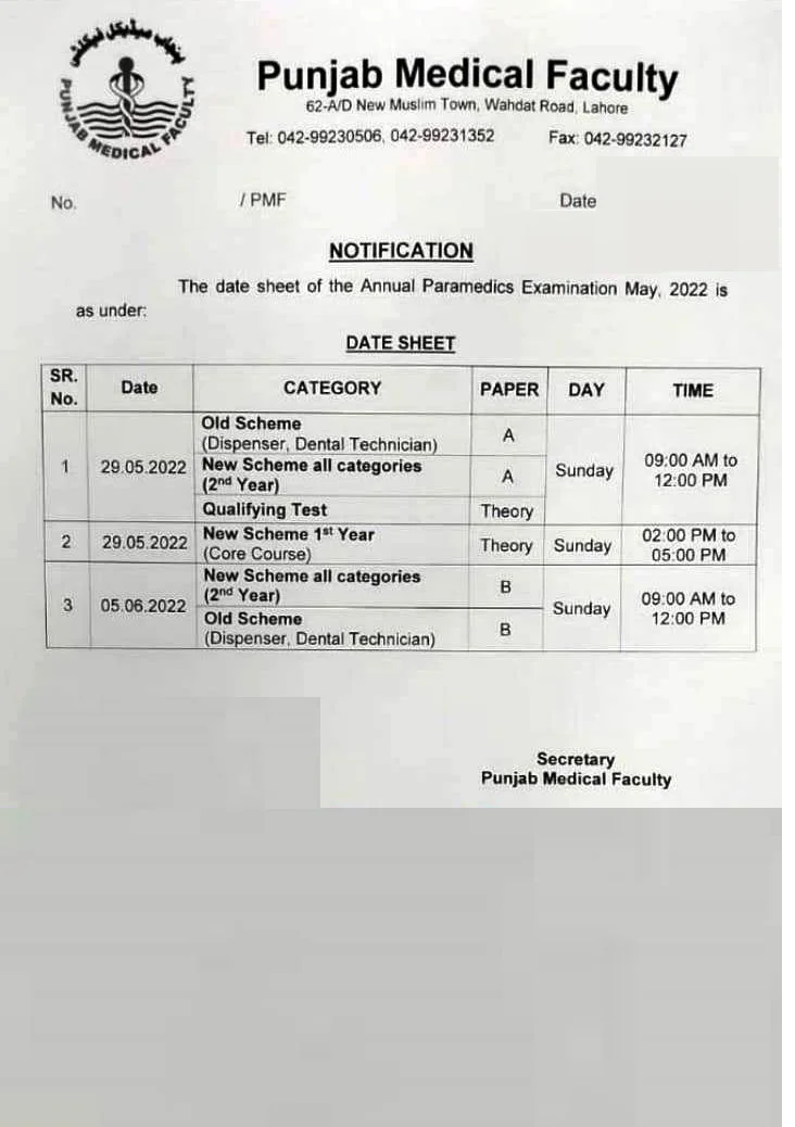 pmf lahore date sheet