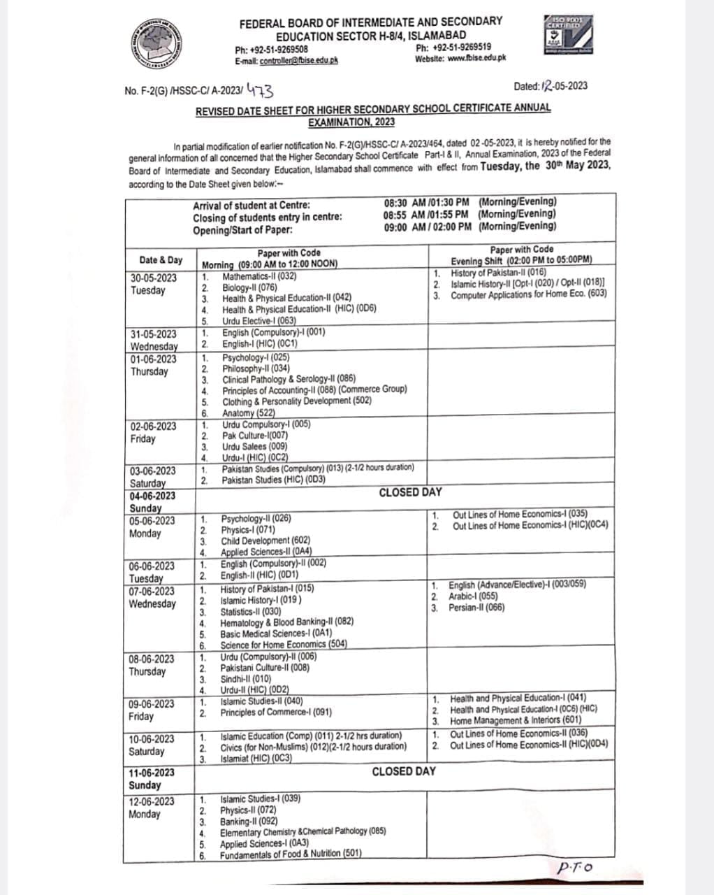 federal board fa fsc revised date sheet