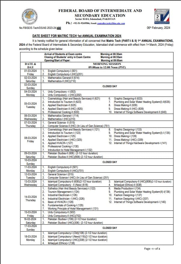 federal board ssc date sheet annual exam