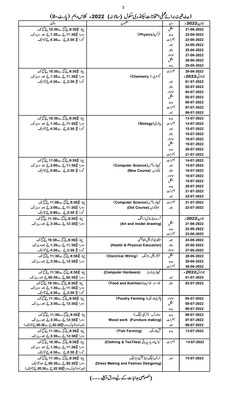 gujranwala board practical date sheet 10 class annual exam