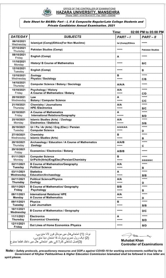 university of hazara date sheet ba bsc