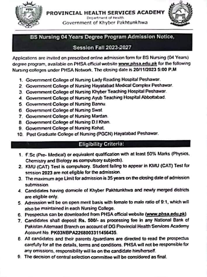 phsa bsc nursing admission online apply
