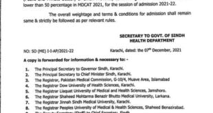 50% Marks in MDCAT Notification Sindh