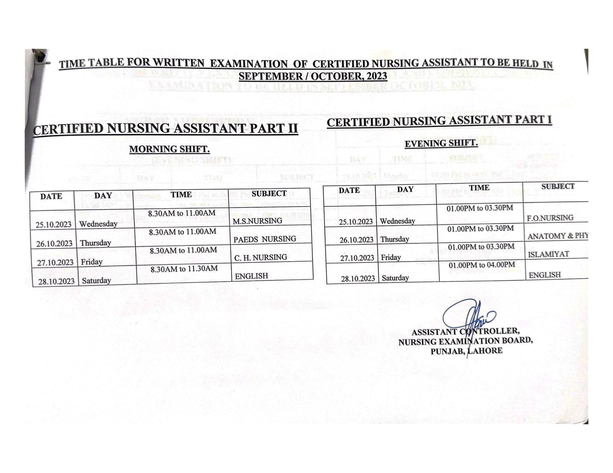 nursing board punjab date sheet