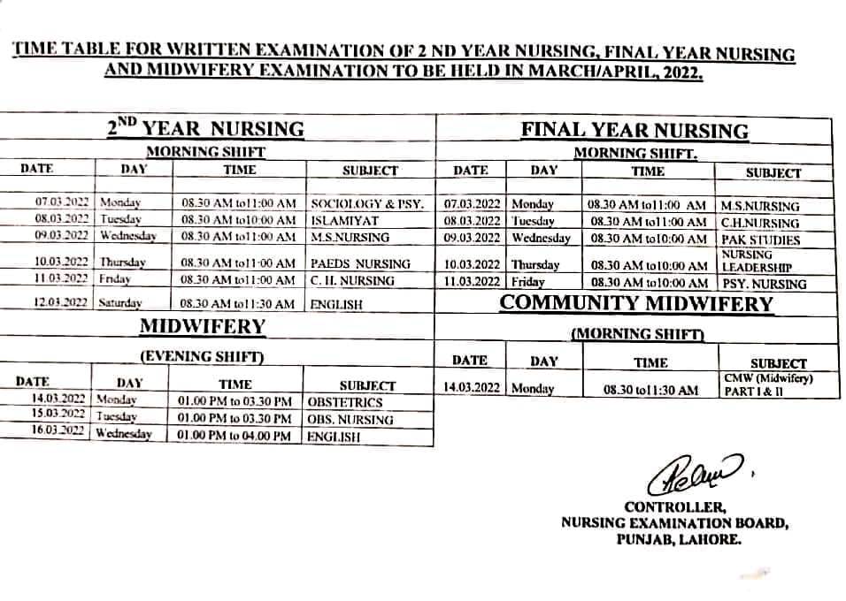 nursing examination board punjab date sheet