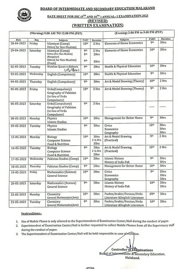malakand board ssc date sheet