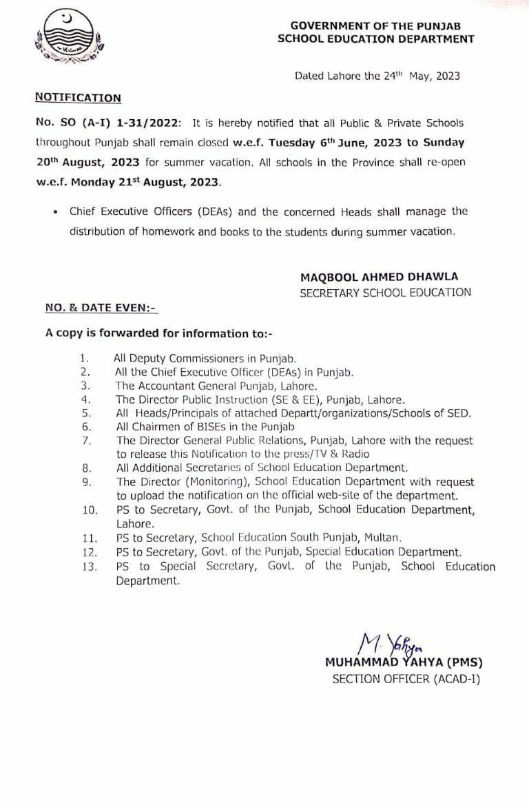 download notification of summer leaves in punjab