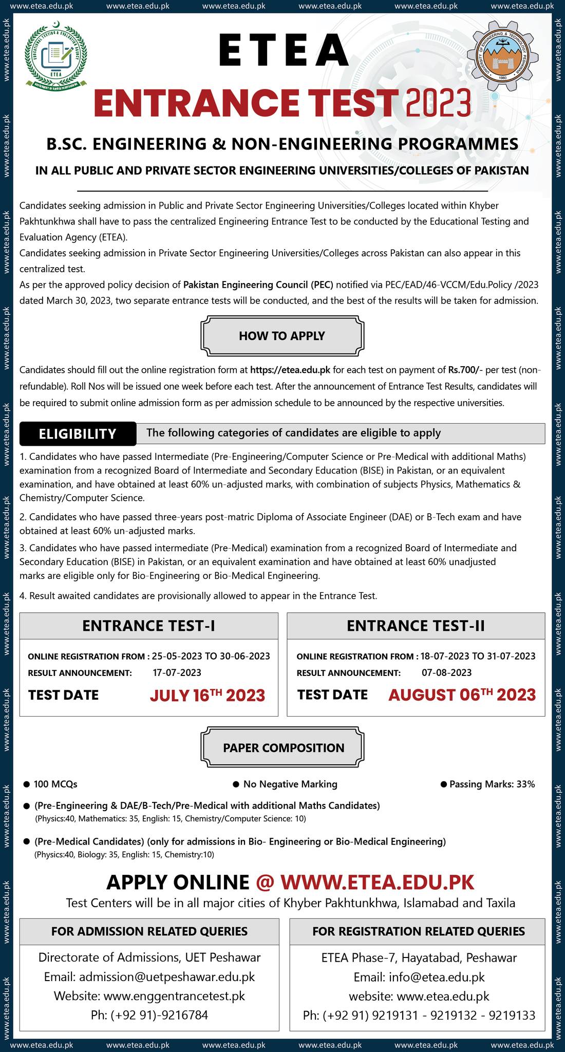 online apply etea entry test for admission of bsc engineering programs 