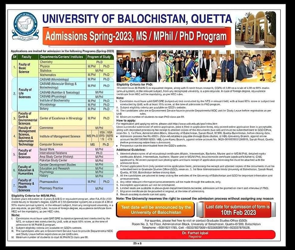 university of baluchistan ms,mphil, phd admission