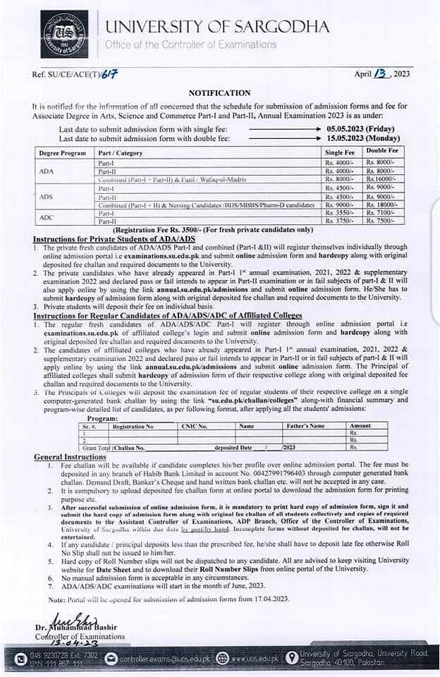 university of sargodha ada ads admission forms