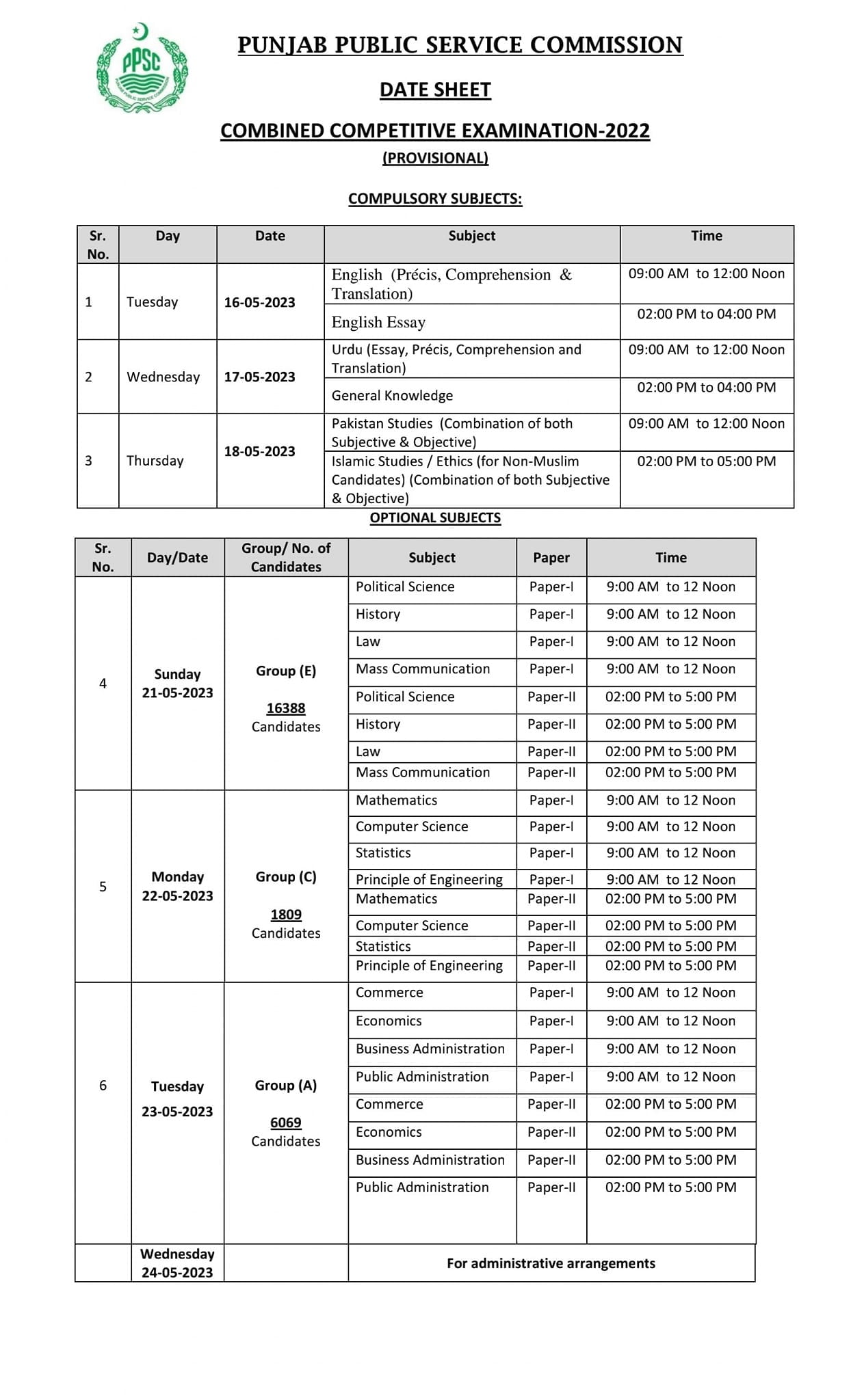 ppsc cce date sheet