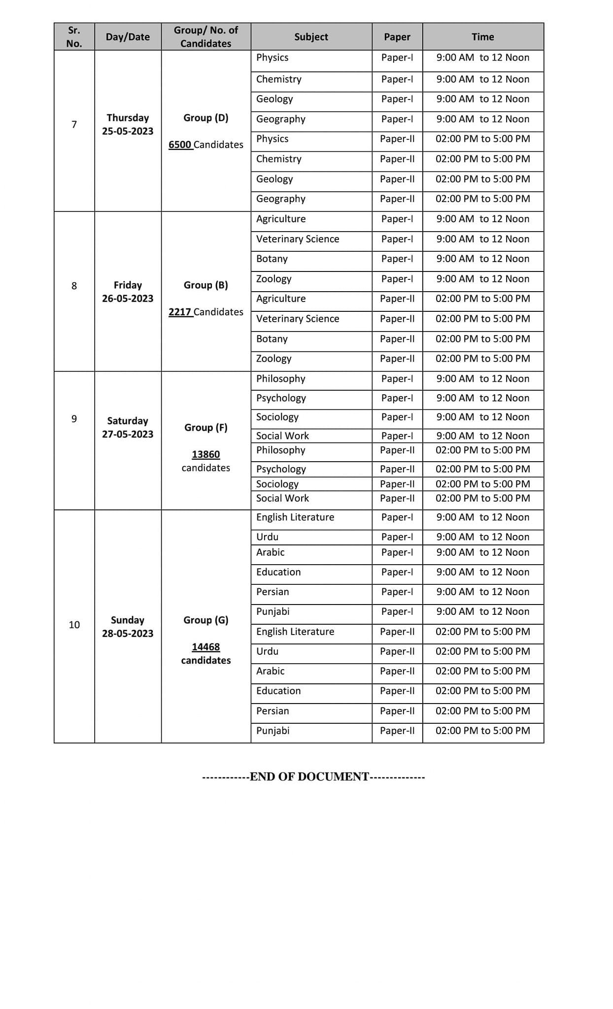 combine competitive exam date sheet