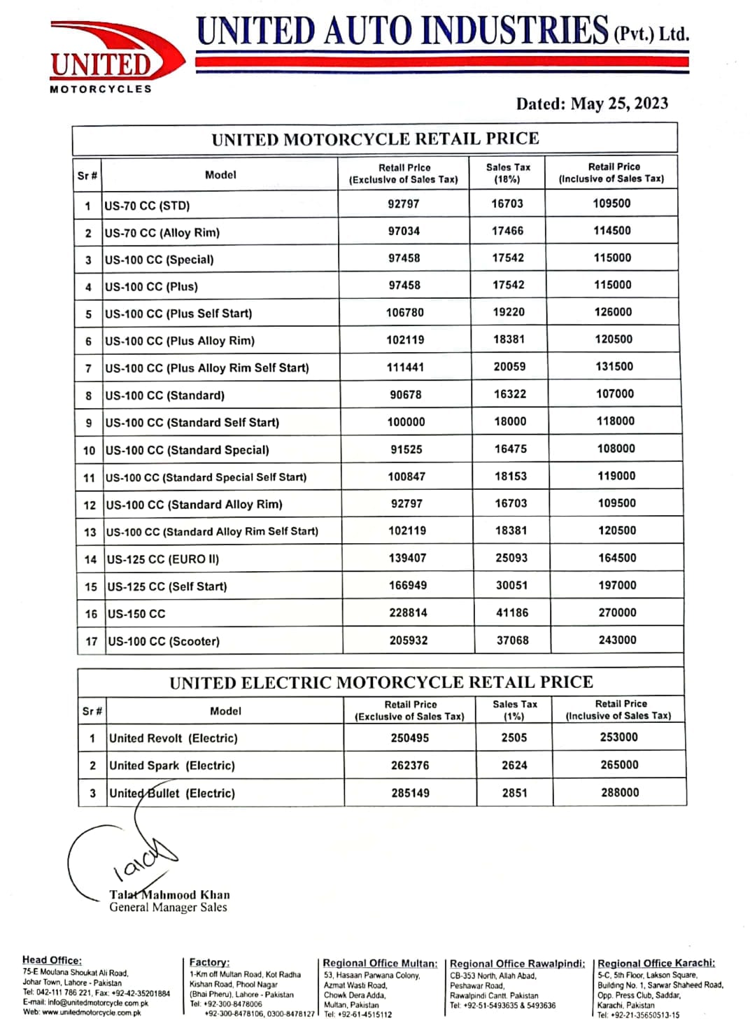 united motorcycle rate list