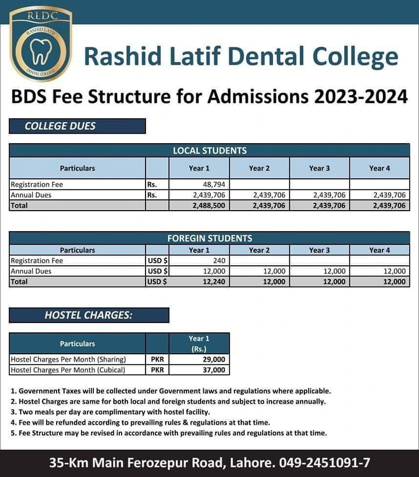 fee plan of rashid latif medical college for bds admission