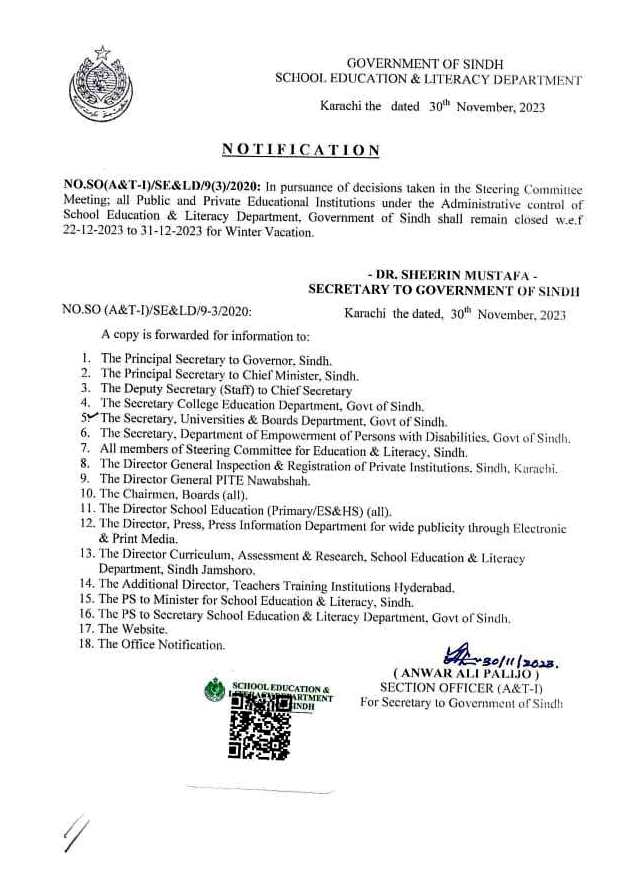 notification of winter leaves sindh