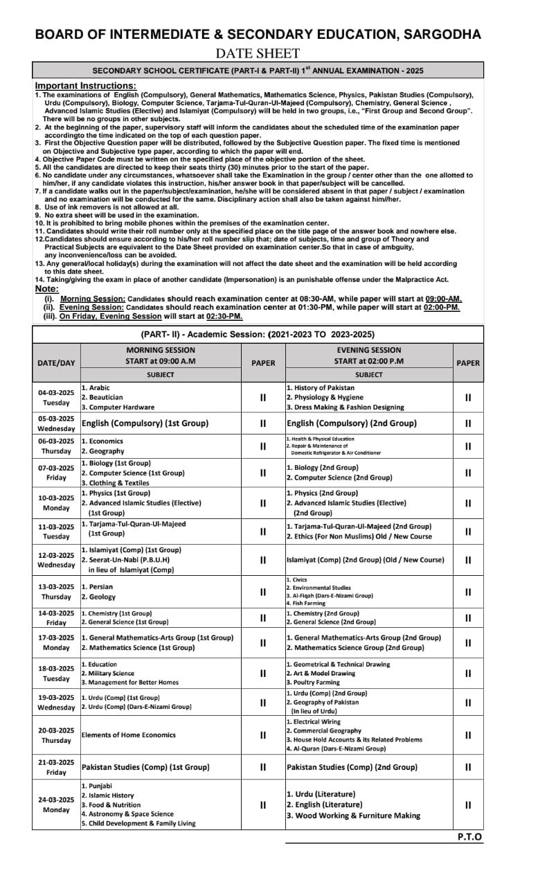 Bise Sargodha 9th class Date Sheet 