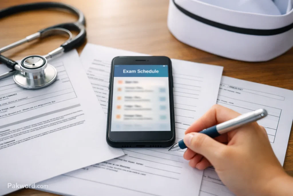Student using a smartphone to view a nursing examination schedule with printed exam sheets and nursing tools on a desk, illustrating the NEB KPK date sheet for LHV, CMW, and CNA exams
