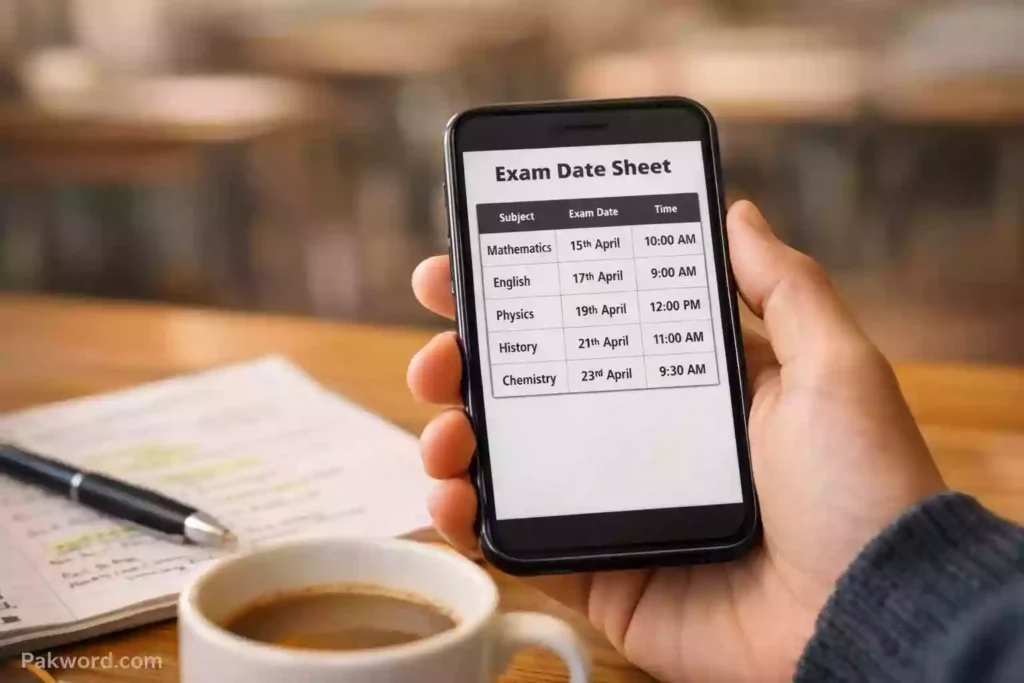 Student viewing the Punjab Medical Faculty annual exam date sheet on a smartphone with study materials on a desk.