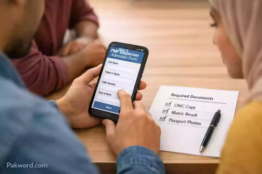 Student completing the Punjab Medical Faculty online dispenser course admission form on a smartphone with required documents laid out.