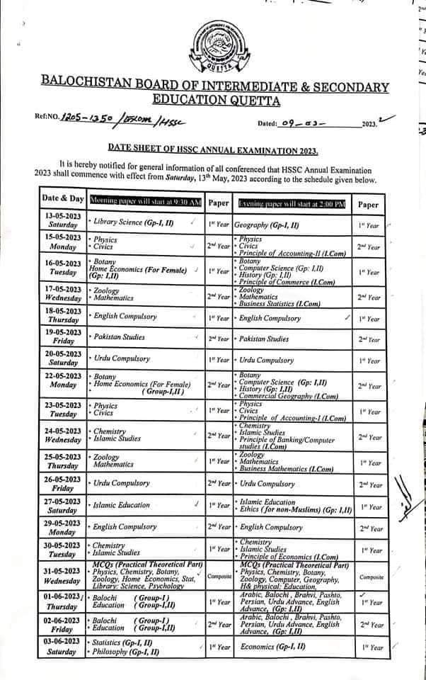 Bise Quetta FA FSc Date Sheet