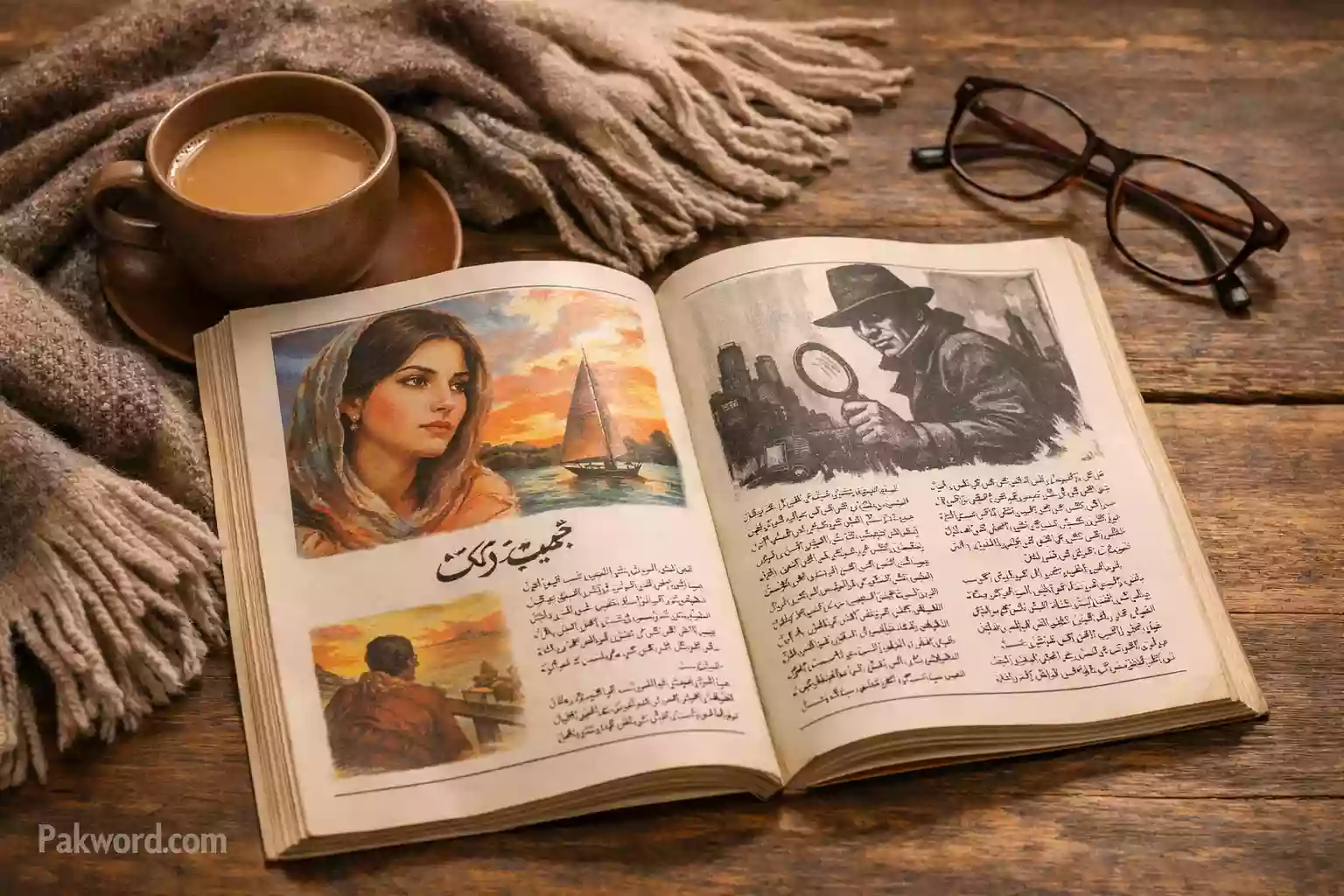 Urdu women’s monthly digest magazine displayed on a table with chai and reading glasses, capturing literary content and stories popular among Urdu readers.