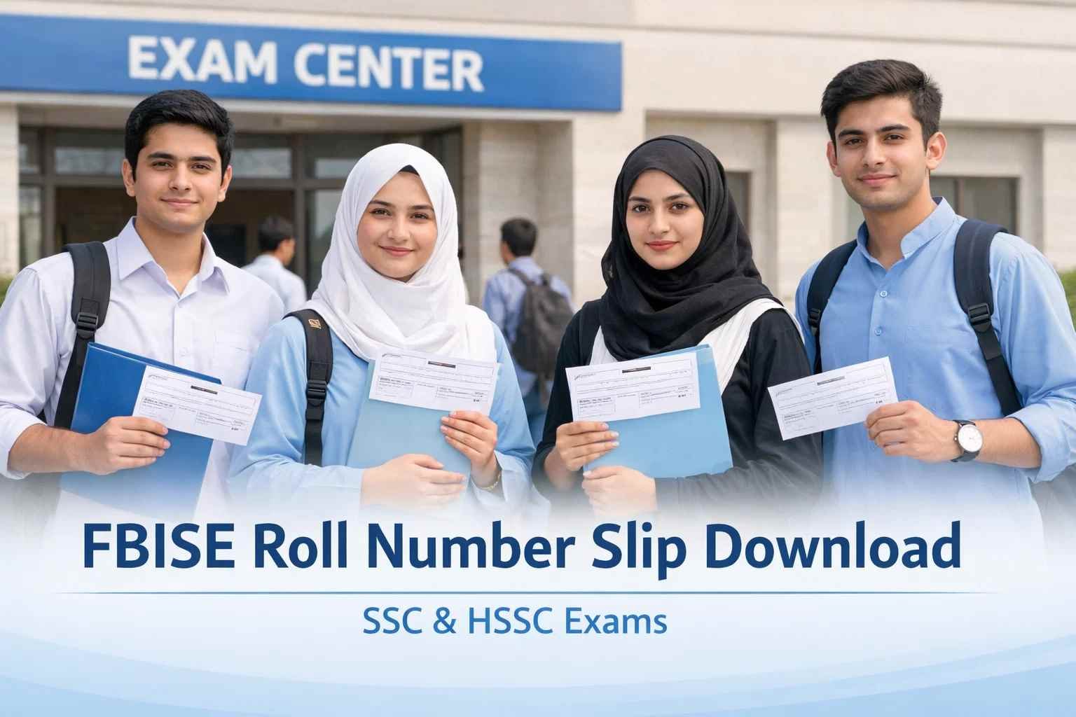 Pakistani students holding FBISE roll number slips before exams