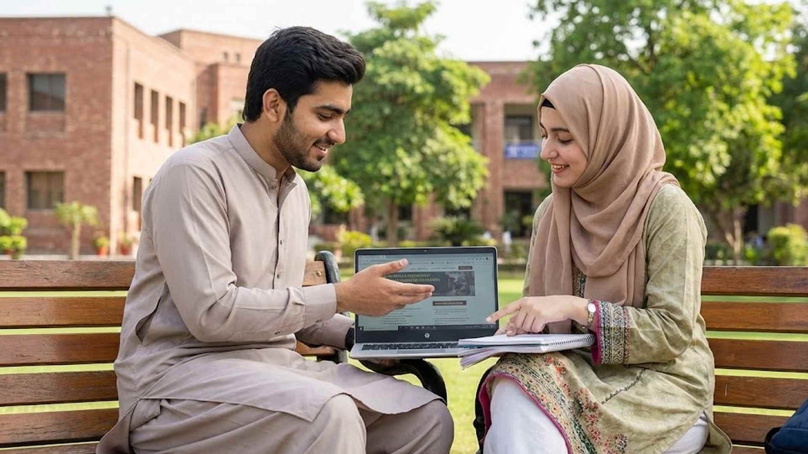 Pakistani students discussing Commonwealth Scholarships on campus