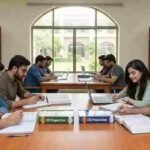 Pakistani students studying for CSS exam in library