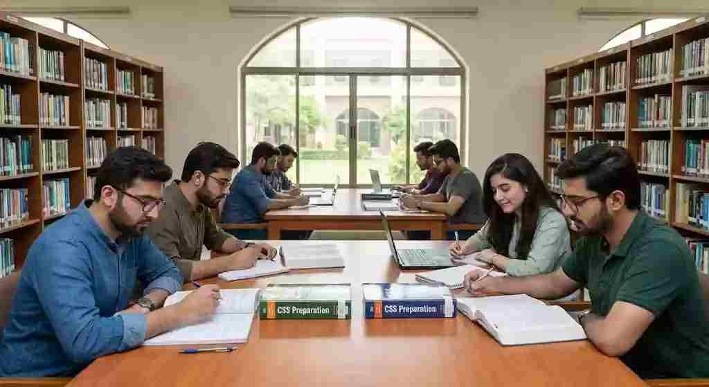 Pakistani students studying for CSS exam in library
