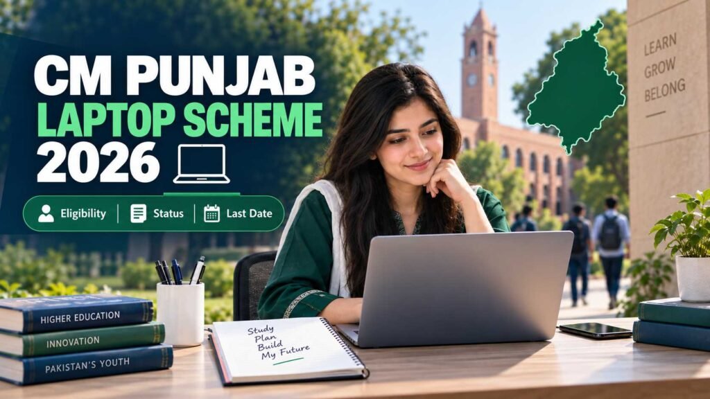 Pakistani university student using a laptop for CM Punjab Laptop Scheme 2026 information