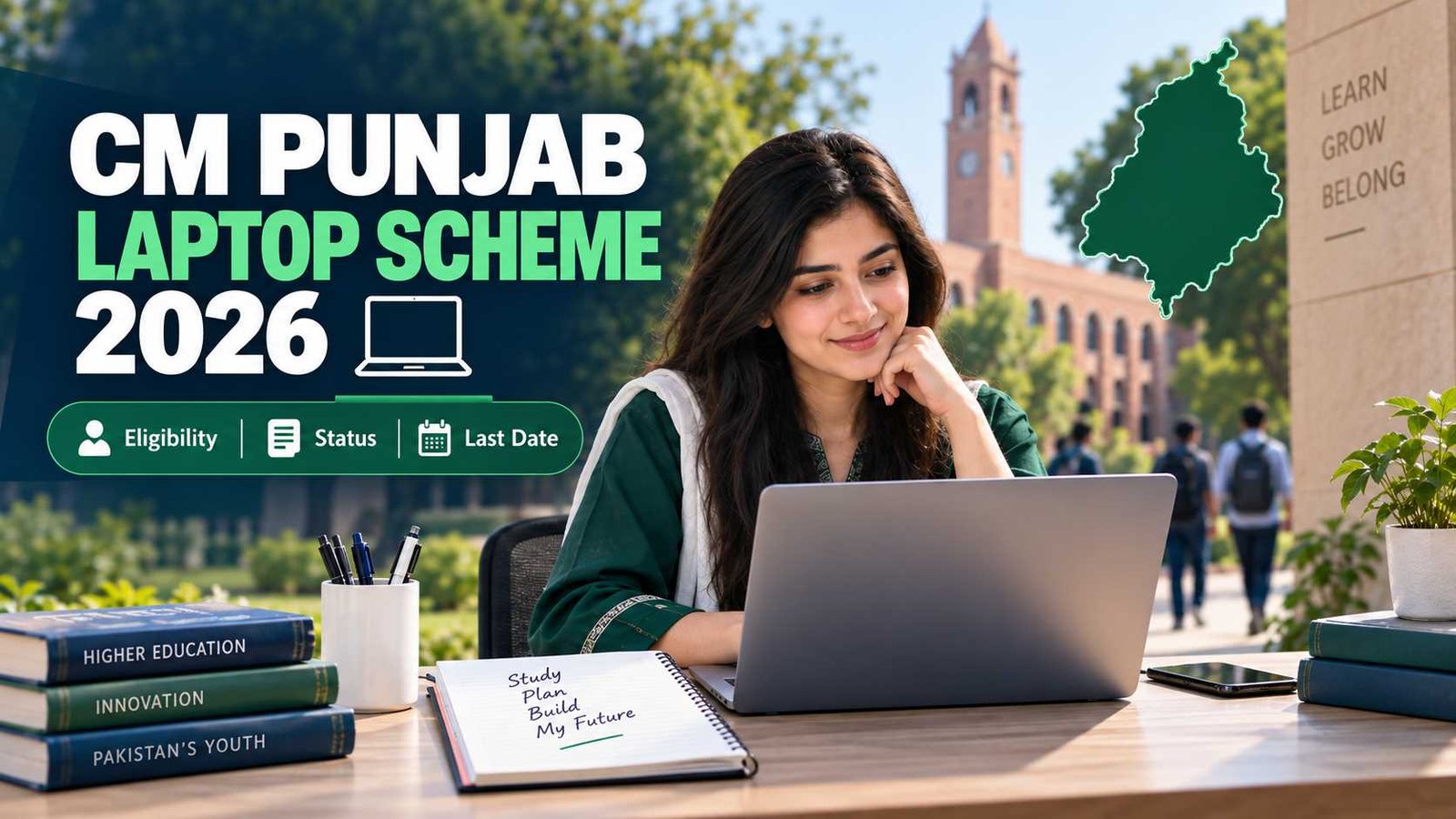 Pakistani university student using a laptop for CM Punjab Laptop Scheme 2026 information