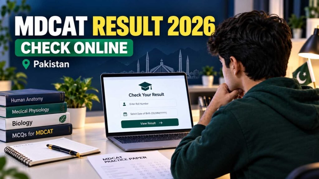 Pakistani student checking MDCAT Result 2026 online on a laptop