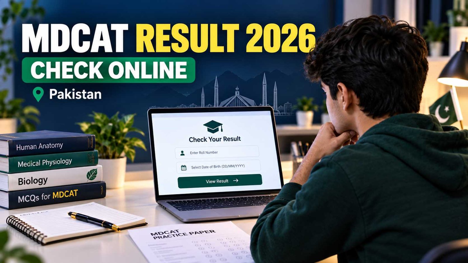 Pakistani student checking MDCAT Result 2026 online on a laptop