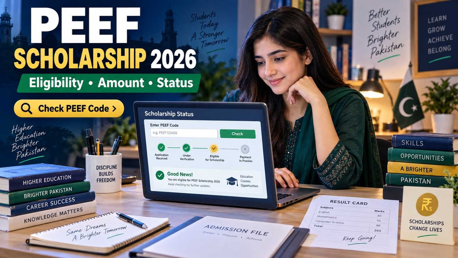 Pakistani student checking PEEF Scholarship 2026 status on a laptop